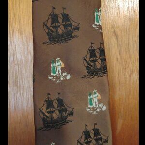 Vintage Resisto Pilgrim & Ship All Over Thanksgiving Print Brown Neck Tie